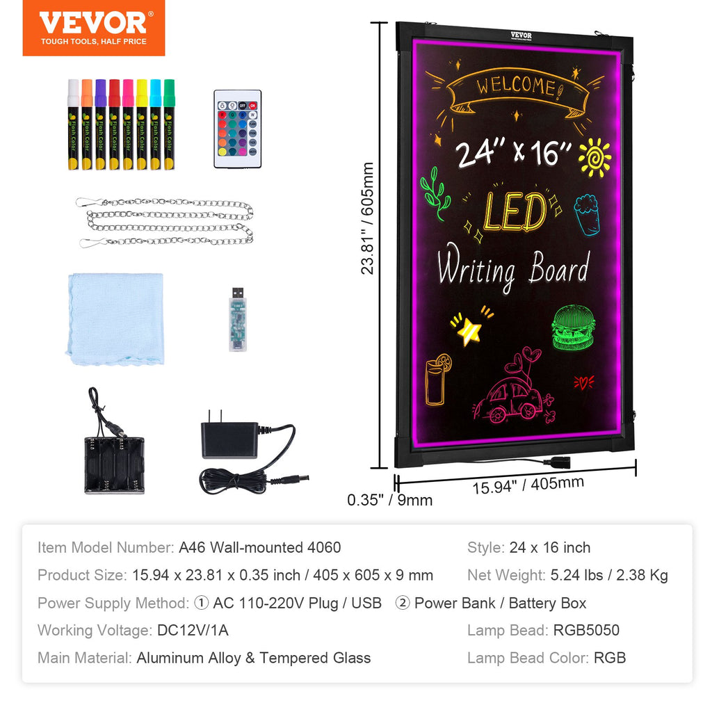 VEVOR LED Message Writing Board, Erasable, Lighted Chalkboard 8 Fluorescent Chalk Markers