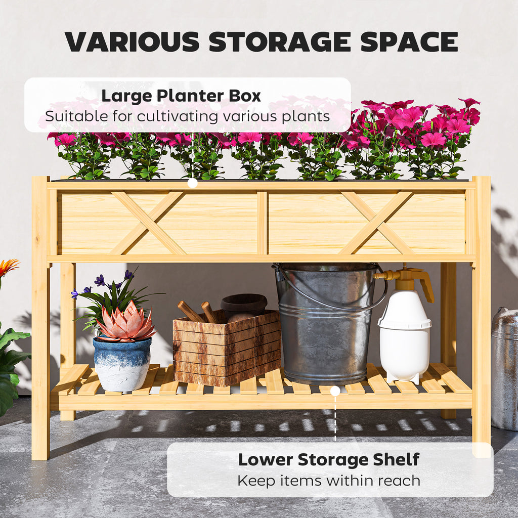 Raised Garden Bed, 47 x 22 x 31.5 in. Elevated Wood Planter Box with Storage Shelf, Drainage Holes, and Liner, Natural