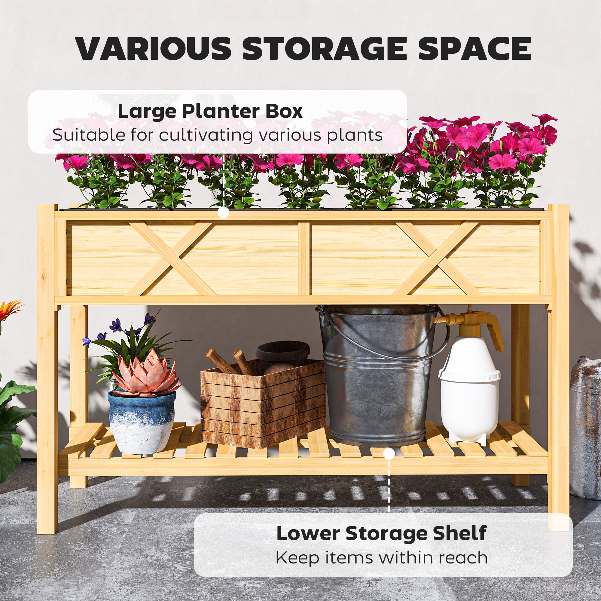 Raised Garden Bed, 47 x 22 x 31.5 in. Elevated Wood Planter Box with Storage Shelf, Drainage Holes, and Liner, Natural