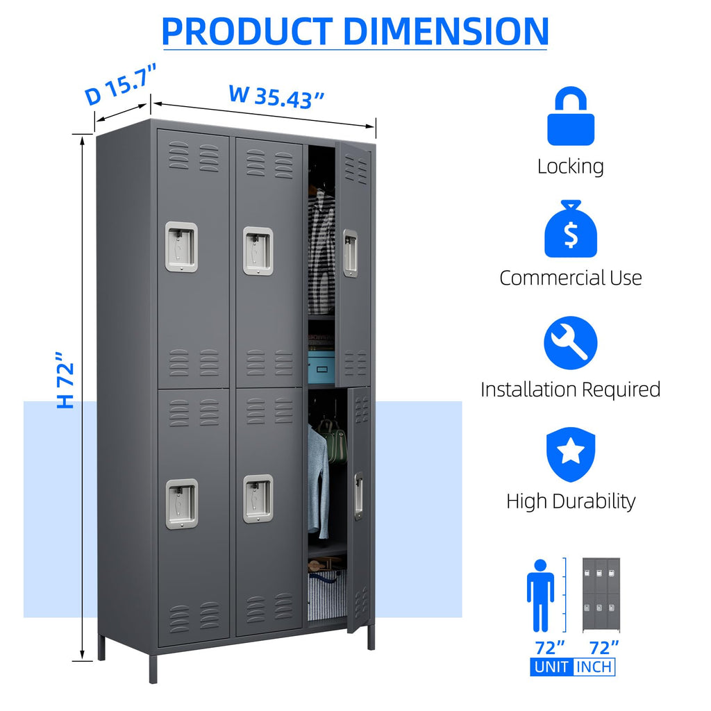 6 Doors Metal Locker With 18 Hooks For School, Assembly Required, Dark Grey