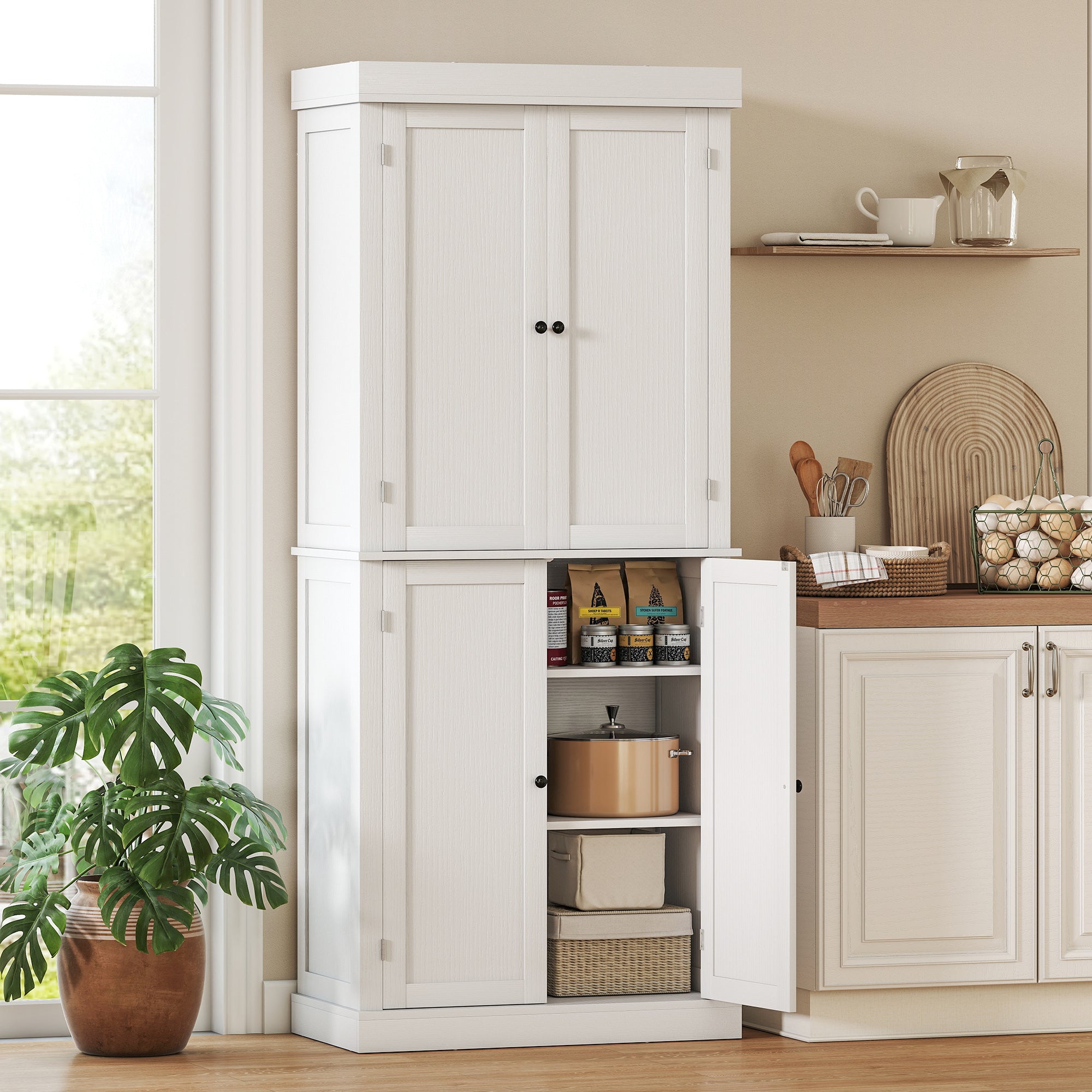 72" Storage Cabinet With Doors And Shelves,White Wood Grain