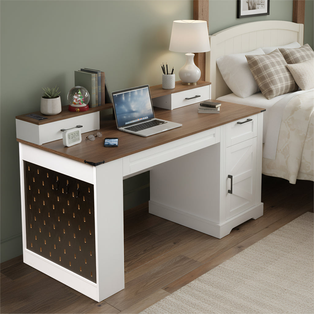 55" Farmhouse Office Desk With Storage Cabinet  Charging Station, Barn Door Design Computer Writing Desk With Keyboard Tray, Monitor Stand And Pegboard, White