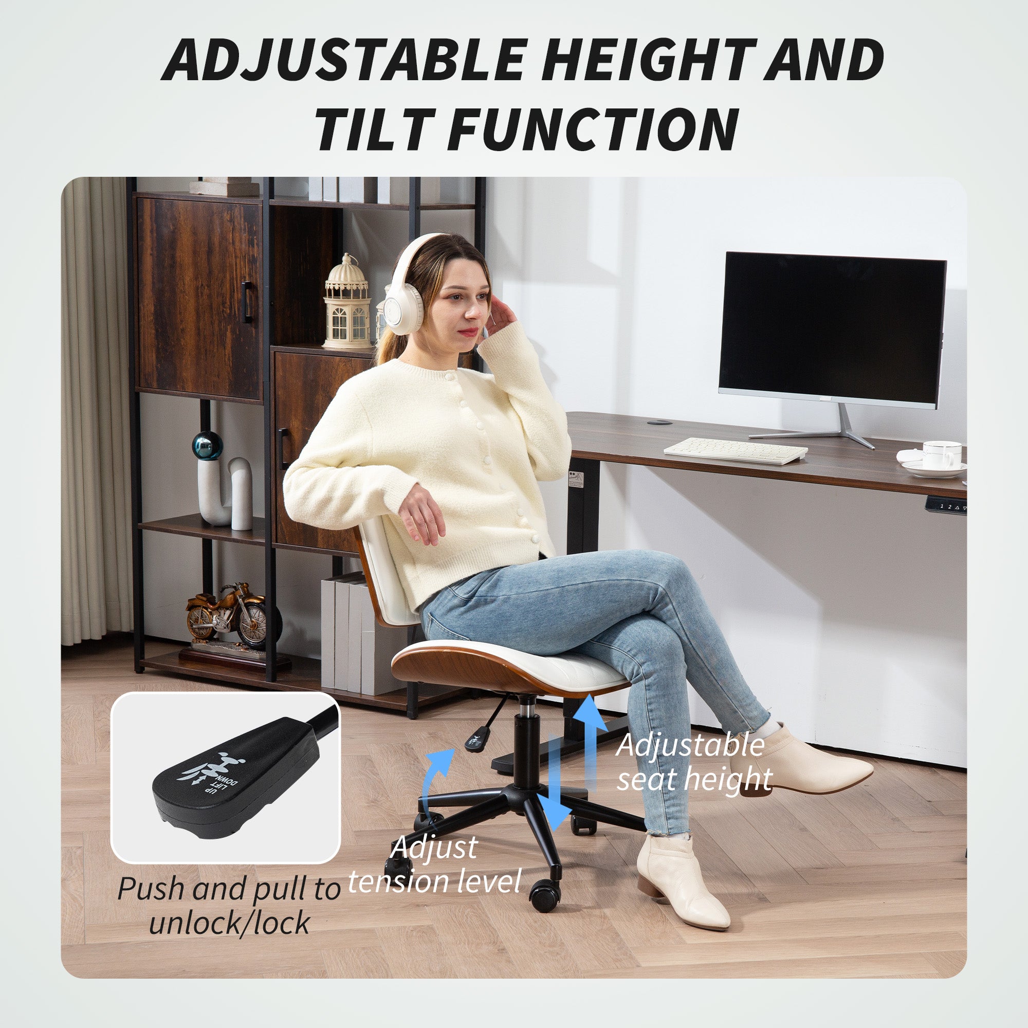 Home Office Chair No Arms With Wheels, PU Leather Desk Chair With Adjustable Height, 360 Swivel For Reading, White