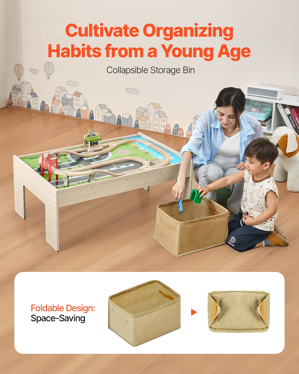 Train Table 84 Pieces Wooden Kids Activity Table With Collapsible Storage Bin