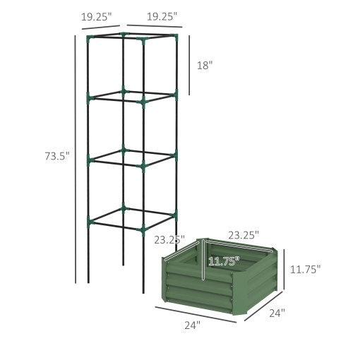 Outsunny Galvanized Raised Garden Bed, 24 X 24 X 11.75 Outdoor Planter Box With Trellis Tomato Cage And Open Bottom For Climbing Vines, Green