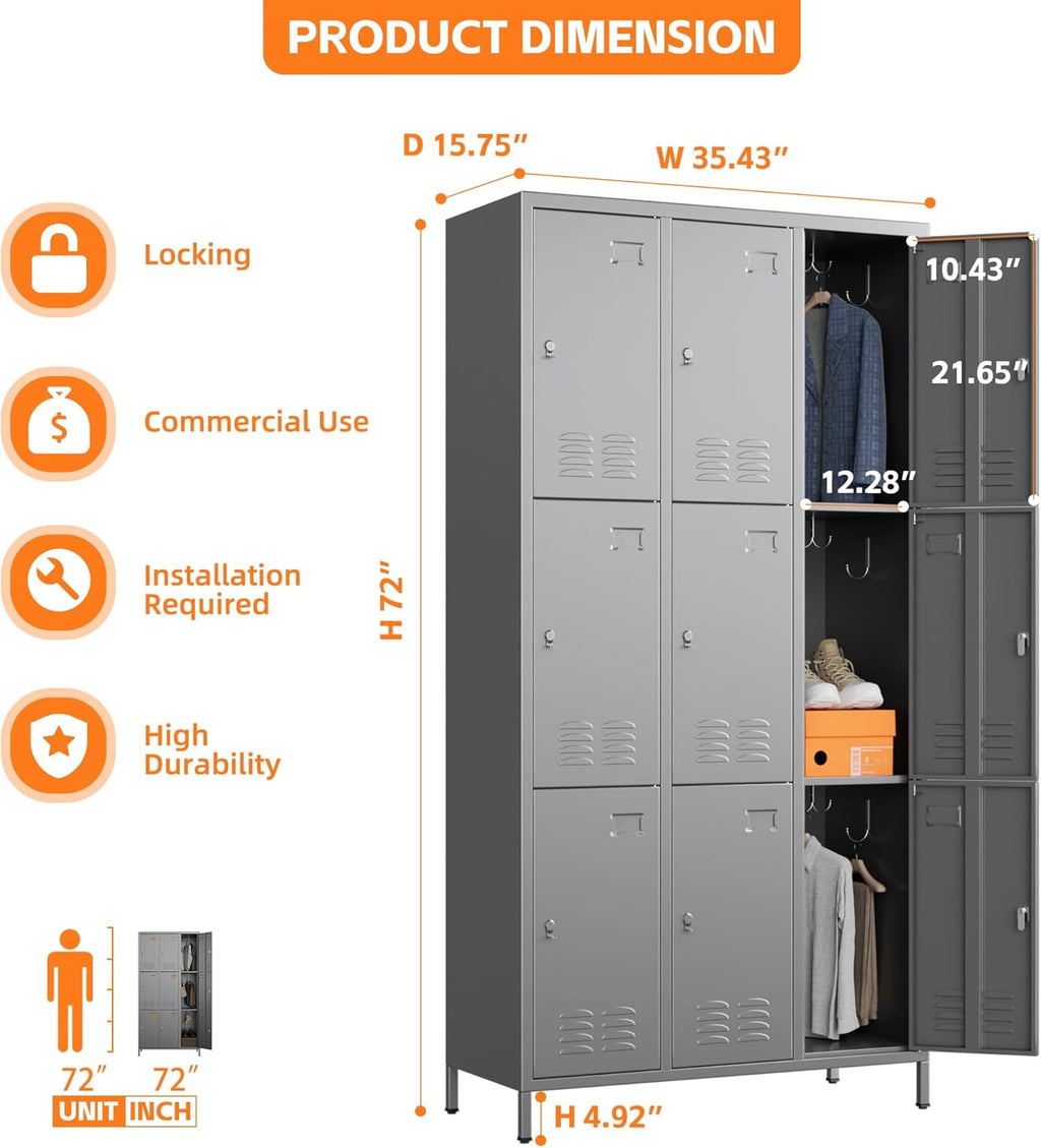 9 Doors Metal Locker With 27 Hooks Assembly Required, Dark Grey