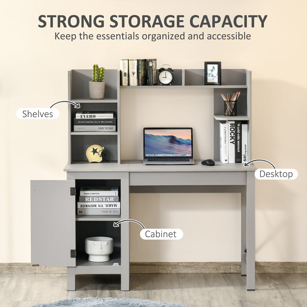 Computer Desk W/ Hutch, Home Office Desk W/ Storage Cabinet, Light Grey
