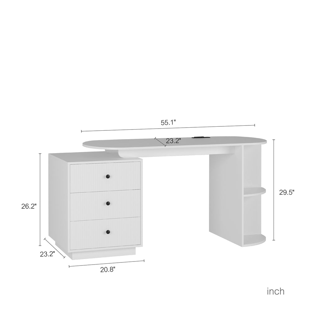Modern Home Office Table, Expandable Desk With Storage Drawers & Open Shelf