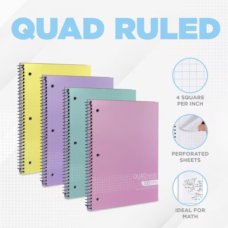 4 Pack Graph Paper Spiral Notebook
