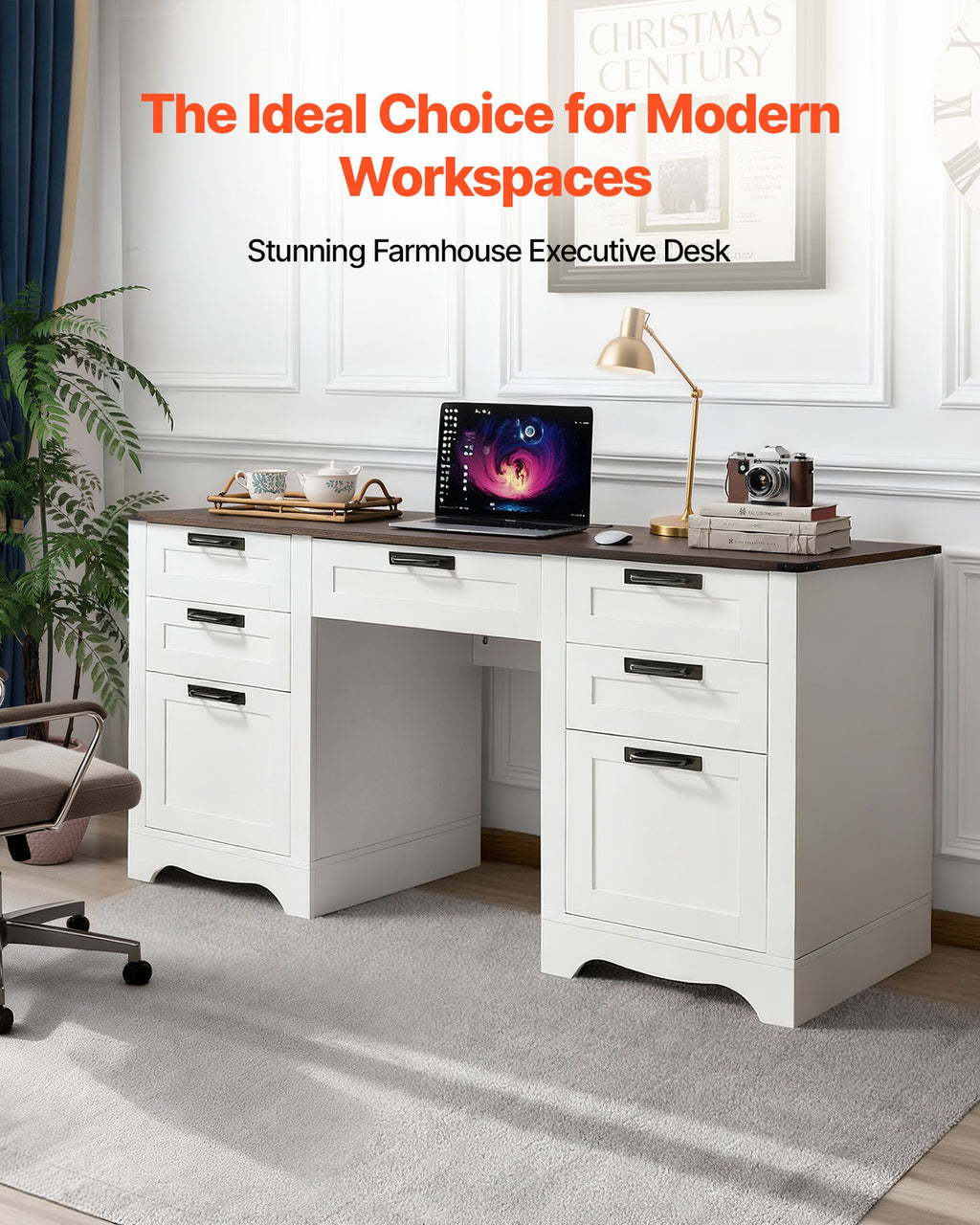 Executive Desk, Farmhouse Office Table With Charging Station