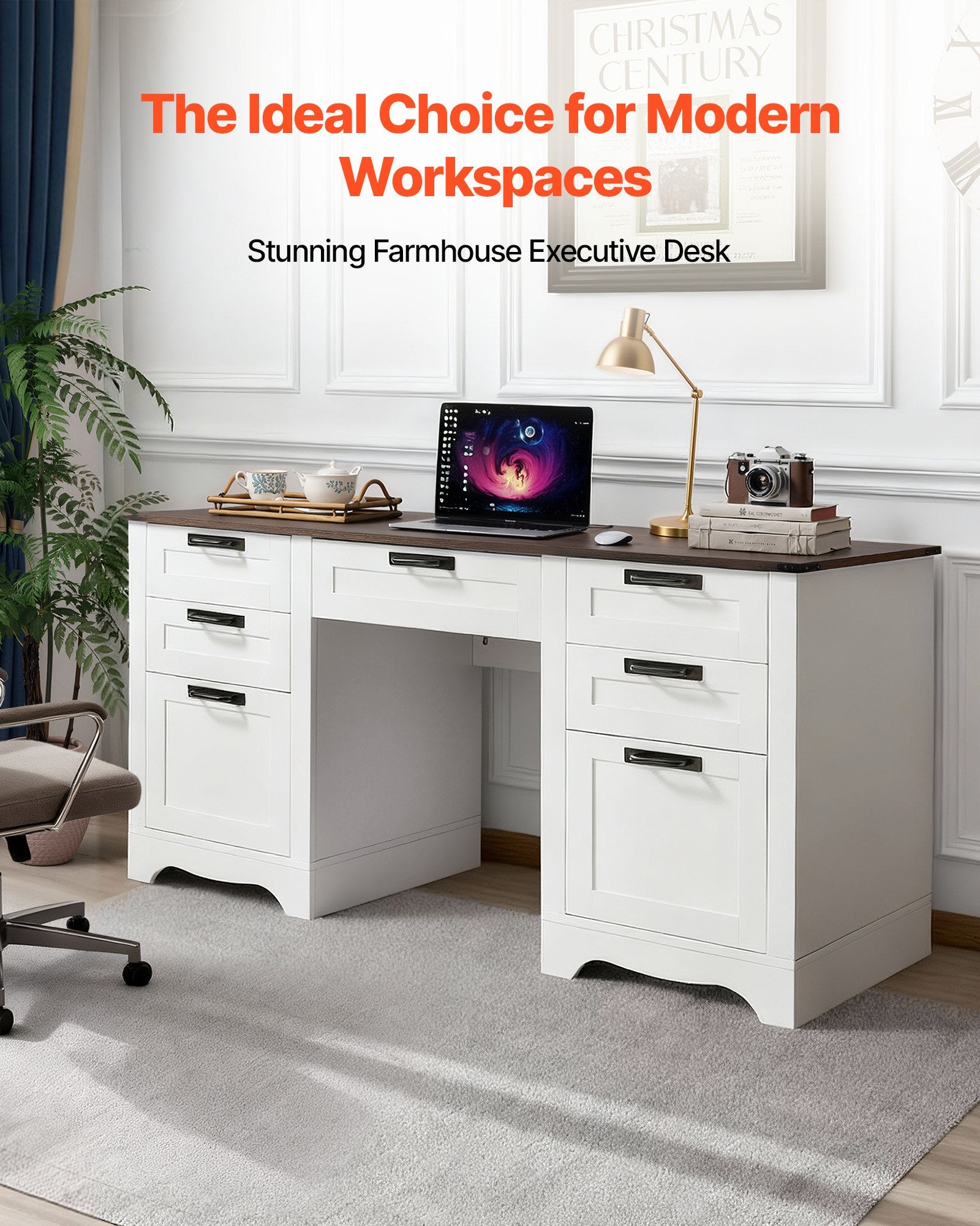 Executive Desk, Farmhouse Office Table With Charging Station