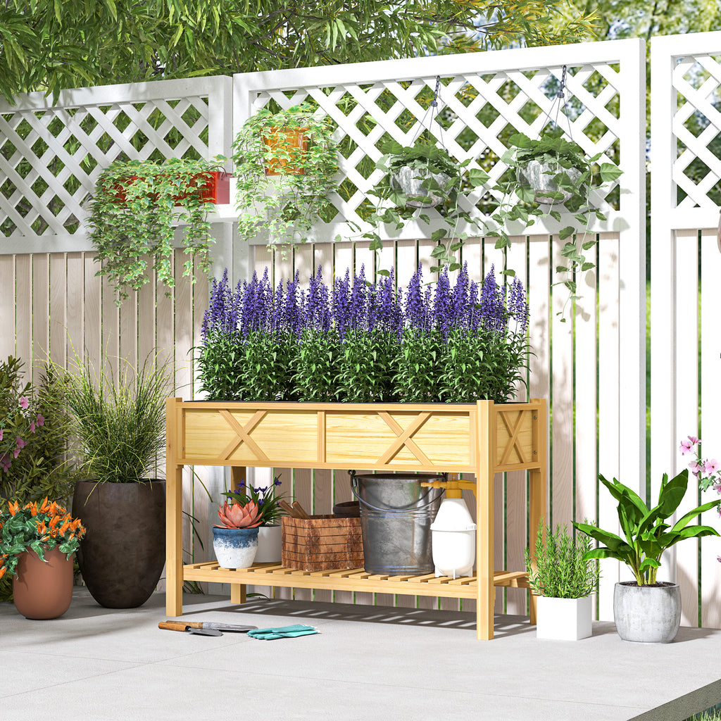 Raised Garden Bed, 47 x 22 x 31.5 in. Elevated Wood Planter Box with Storage Shelf, Drainage Holes, and Liner, Natural
