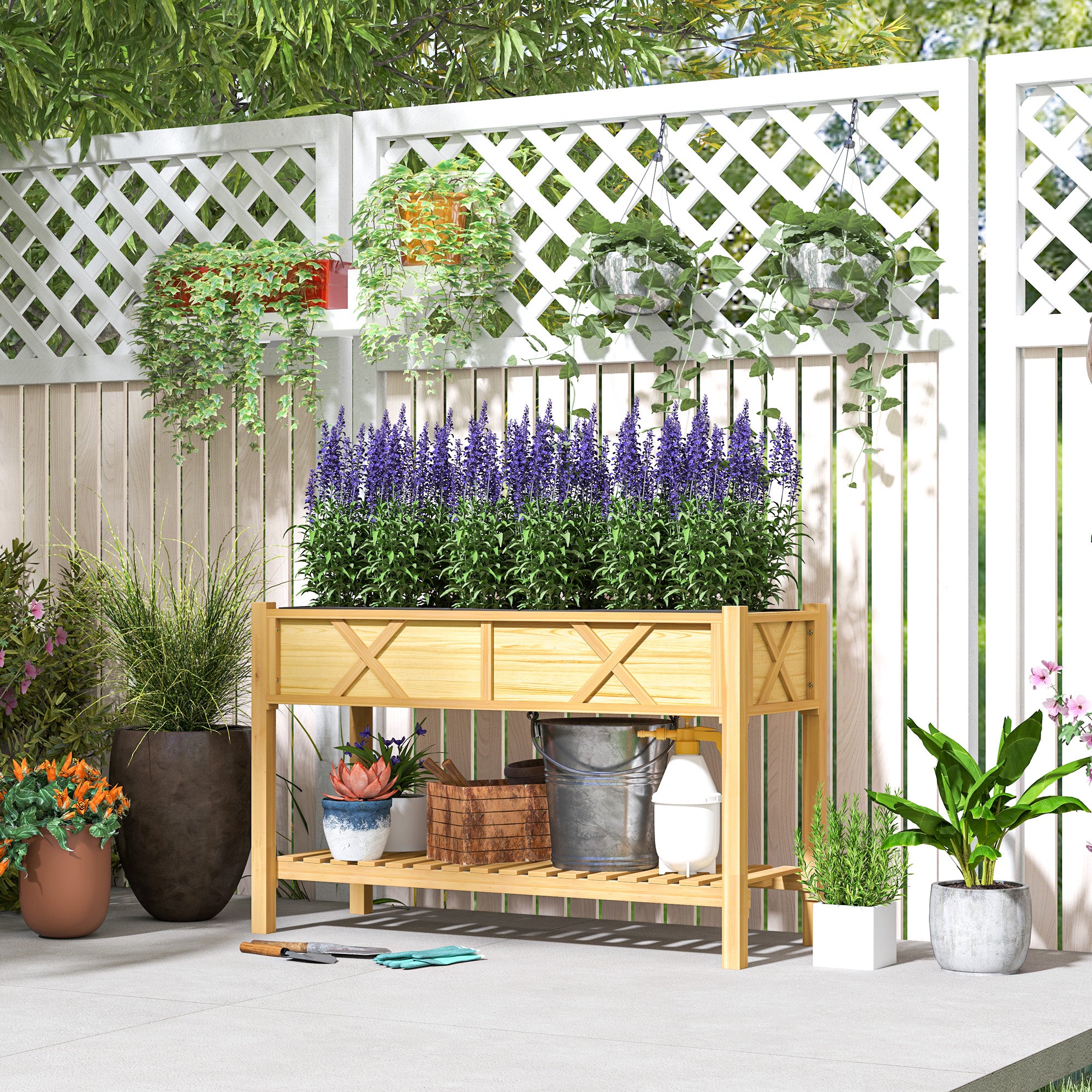 Raised Garden Bed, 47 x 22 x 31.5 in. Elevated Wood Planter Box with Storage Shelf, Drainage Holes, and Liner, Natural