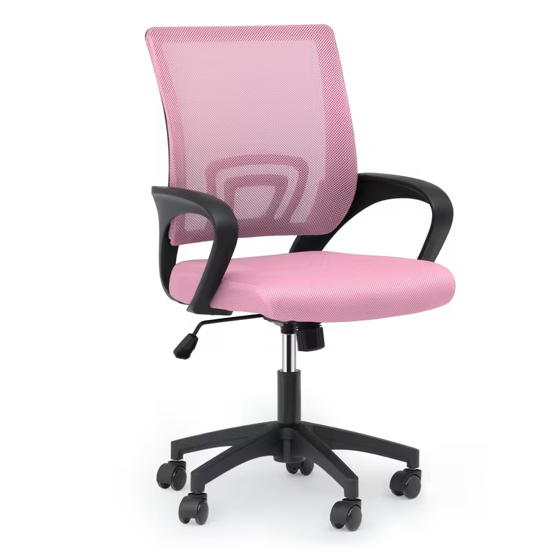Pink Fixed Armes Mesh Desk Chair with Lumbar Support & Wide Seat