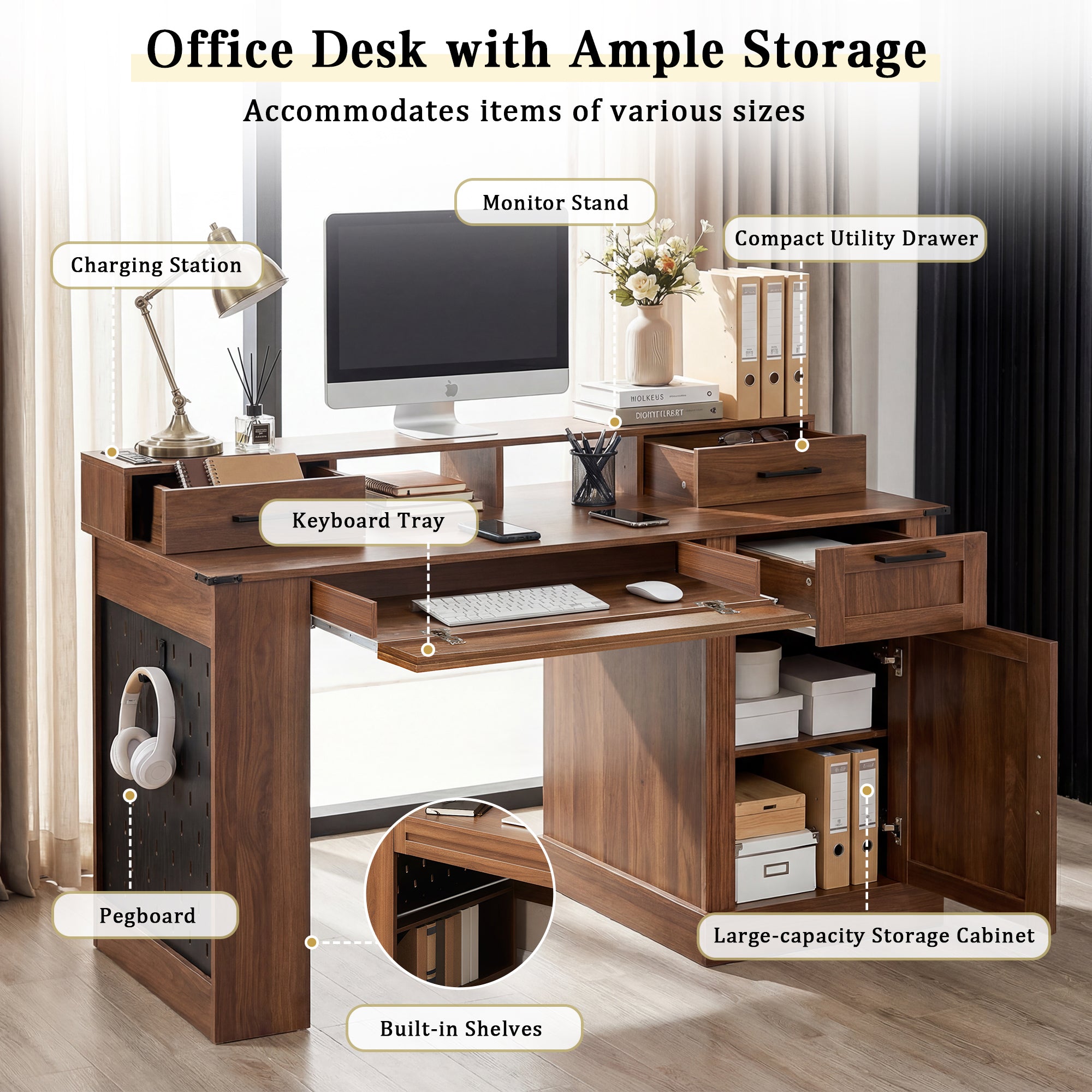 55 Farmhouse Office Desk With Storage Cabinet  Charging Station, Barn Door Design Computer Writing Desk With Keyboard Tray, Monitor Stand & Pegboard, Dark Walnut
