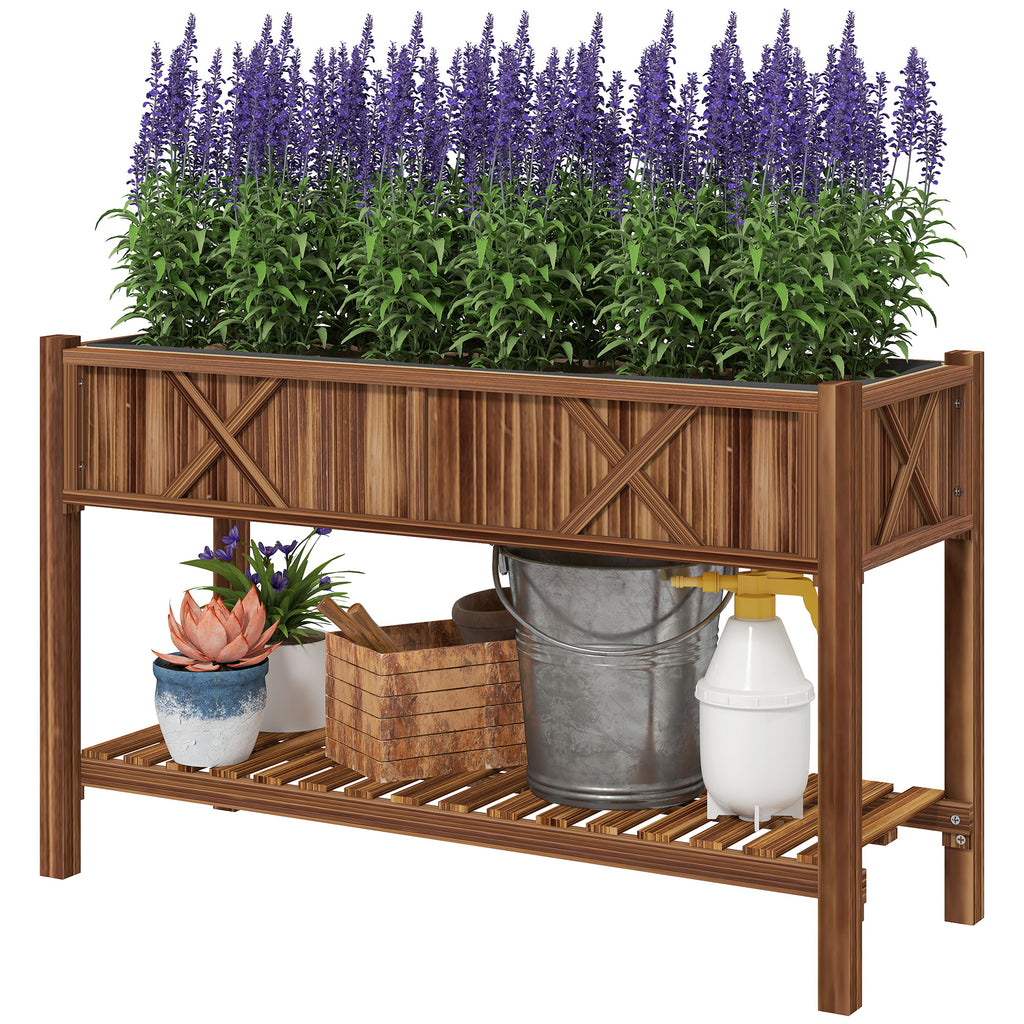 Raised Garden Bed, 47 x 22 x 31.5 in Elevated Wood Planter Box with Storage Shelf, Drainage Holes and Liner, Carbonized