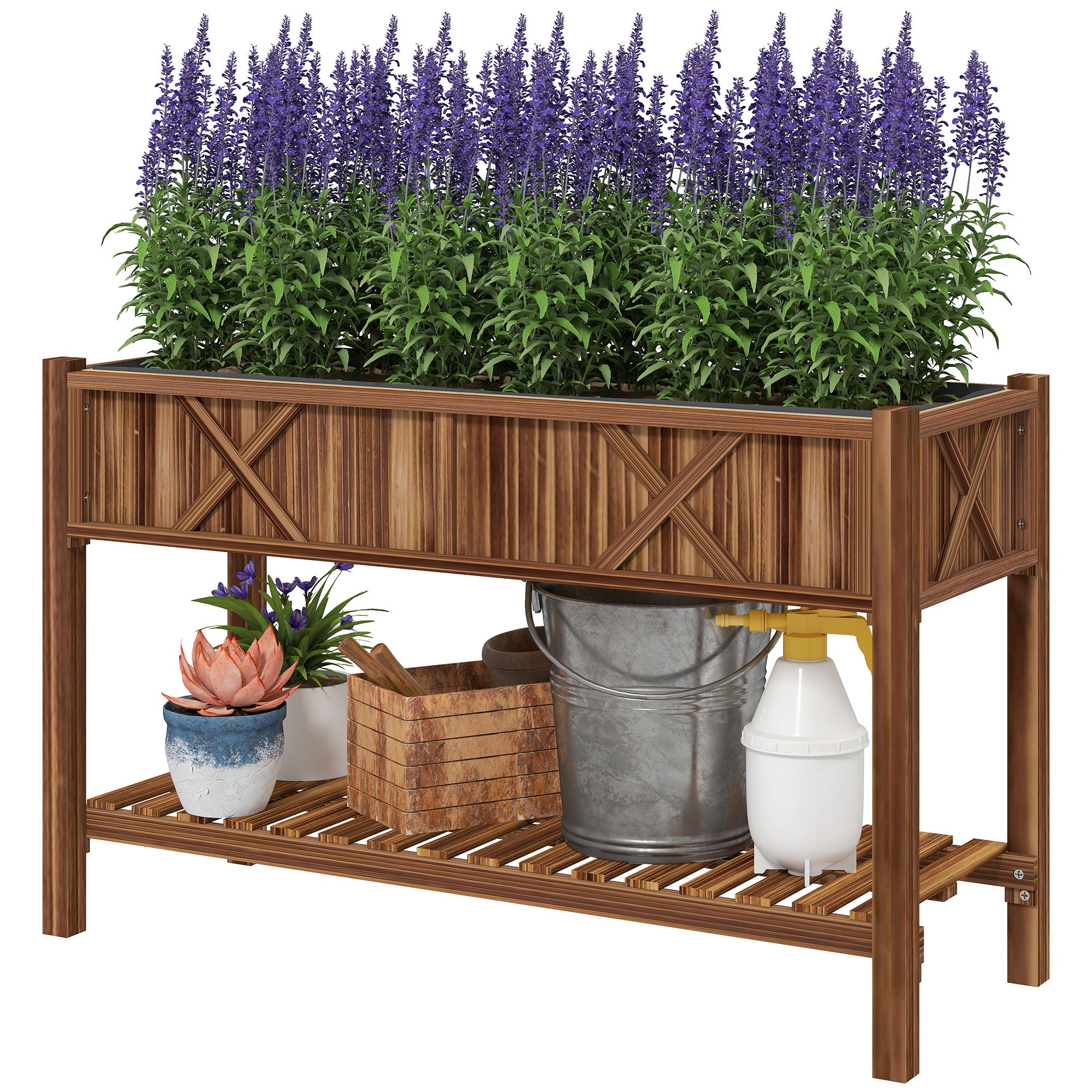 Raised Garden Bed, 47 x 22 x 31.5 in Elevated Wood Planter Box with Storage Shelf, Drainage Holes and Liner, Carbonized