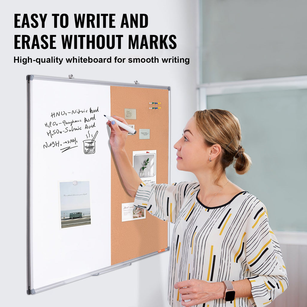 48'x 36' Whiteboard & Cork Board Combo With Aluminum Frame – 2-in-1 Magnetic Dry Erase Bulletin Board For Wall Mount