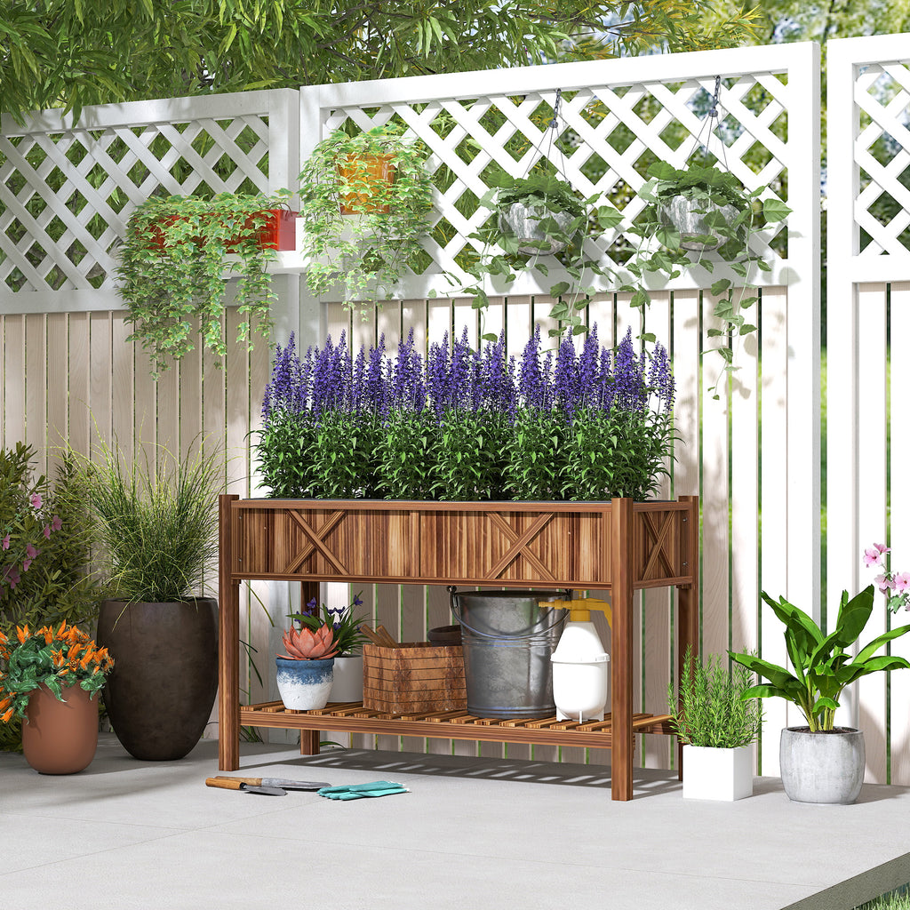 Raised Garden Bed, 47 x 22 x 31.5 in Elevated Wood Planter Box with Storage Shelf, Drainage Holes and Liner, Carbonized