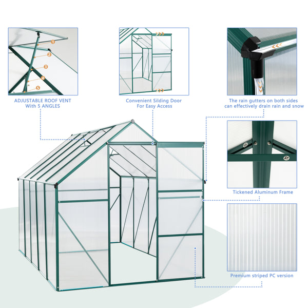 6X10FT Polycarbonate Greenhouse Raised Base And Anchor Aluminum Heavy Duty Walk-in Greenhouse, Green