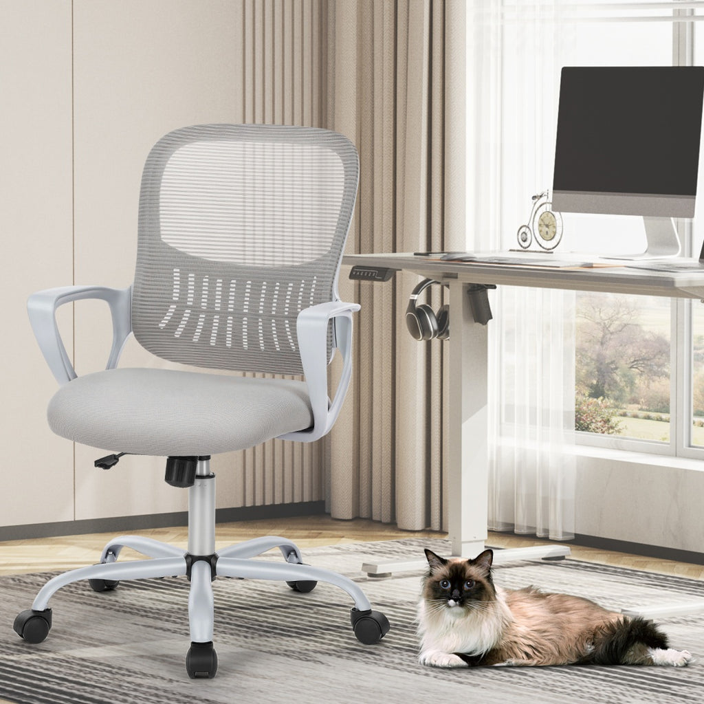 Home Office Computer Chair - Ergonomic Mid Back Desk With Lumbar Support And Rocking Mode, Height Adjustable With Fixed Armrest