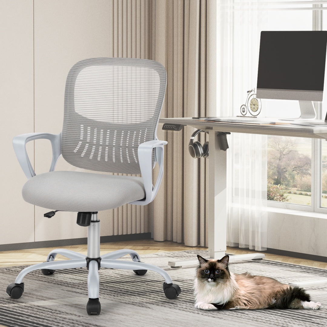 Home Office Computer Chair - Ergonomic Mid Back Desk With Lumbar Support And Rocking Mode, Height Adjustable With Fixed Armrest