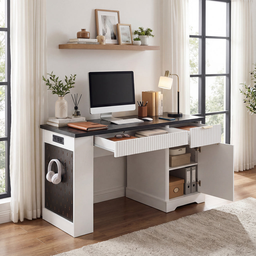 55" Modern Fluted Office Desk With Storage Cabinet, Drawers, Power Outlet, Pegboard, Built-in Shelves, and Keyboard Tray, White