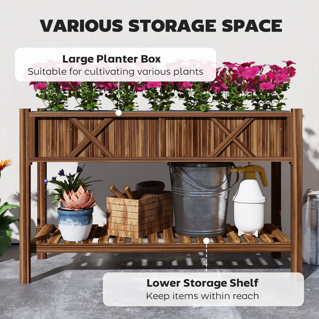Raised Garden Bed, 47 x 22 x 31.5 in Elevated Wood Planter Box with Storage Shelf, Drainage Holes and Liner, Carbonized
