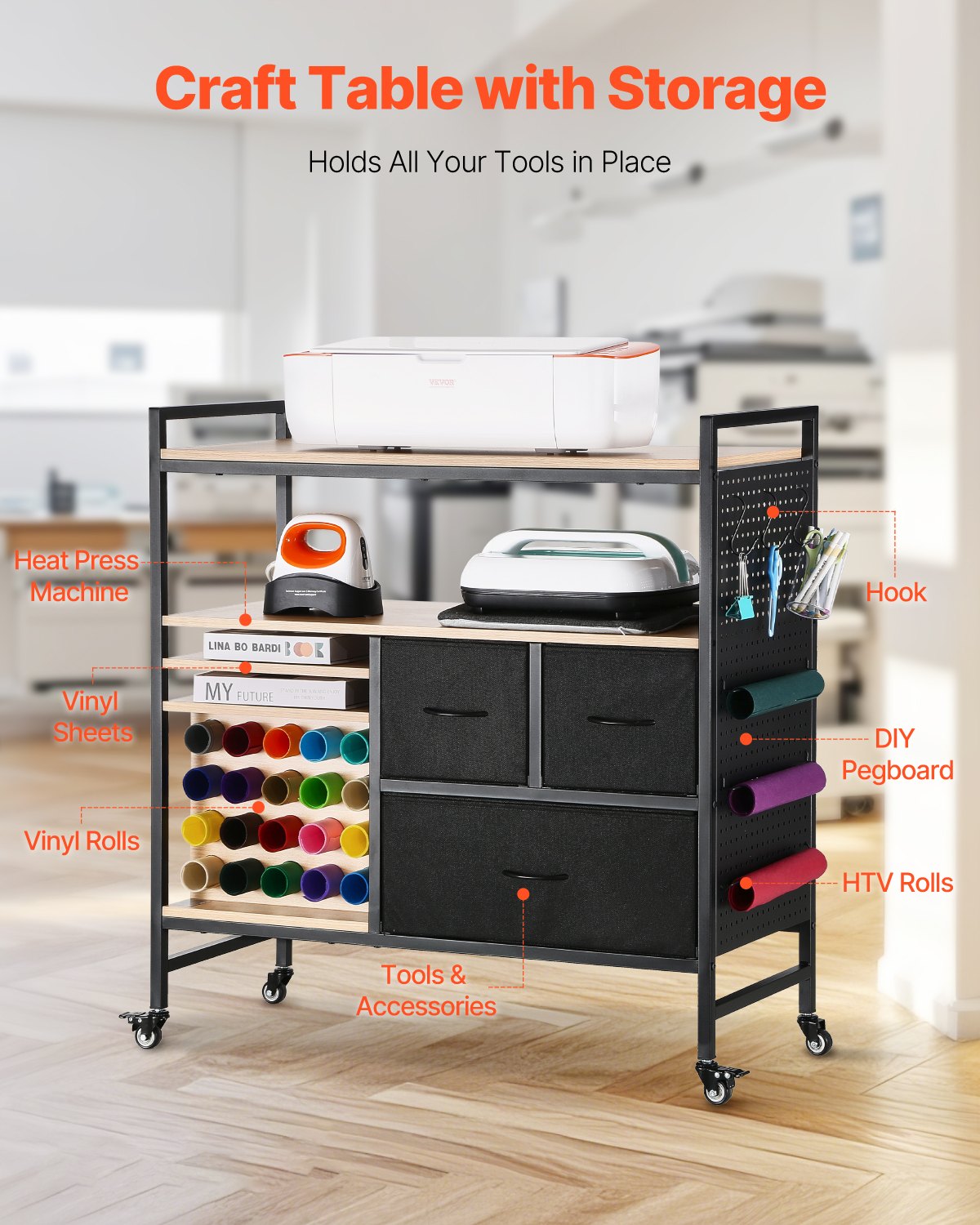 Rolling Craft Cart And Storage Table, Compatible With Cricut Machines, Black