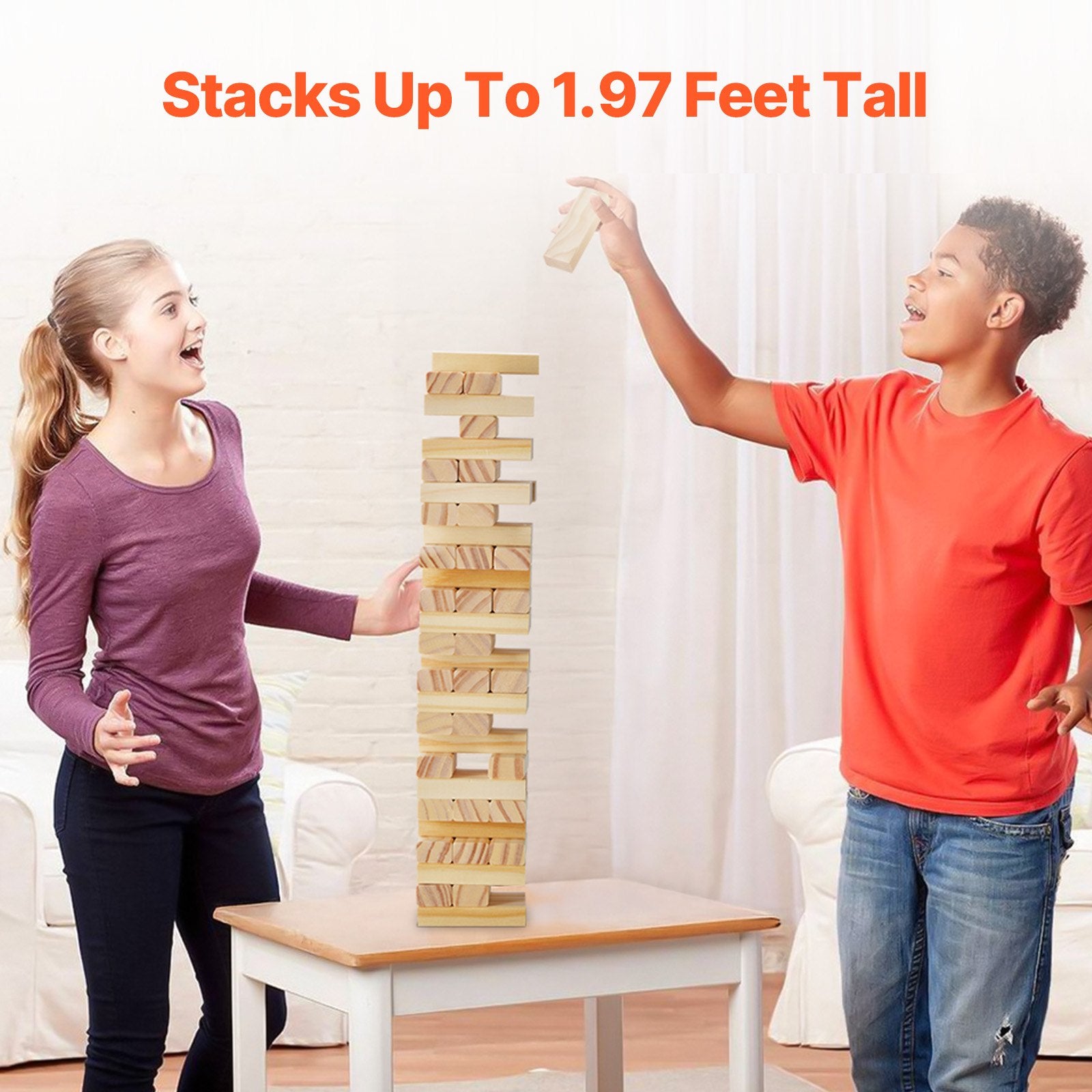 54 Blocks Pine Wood Tumbling Tower Game With Storage Crate
