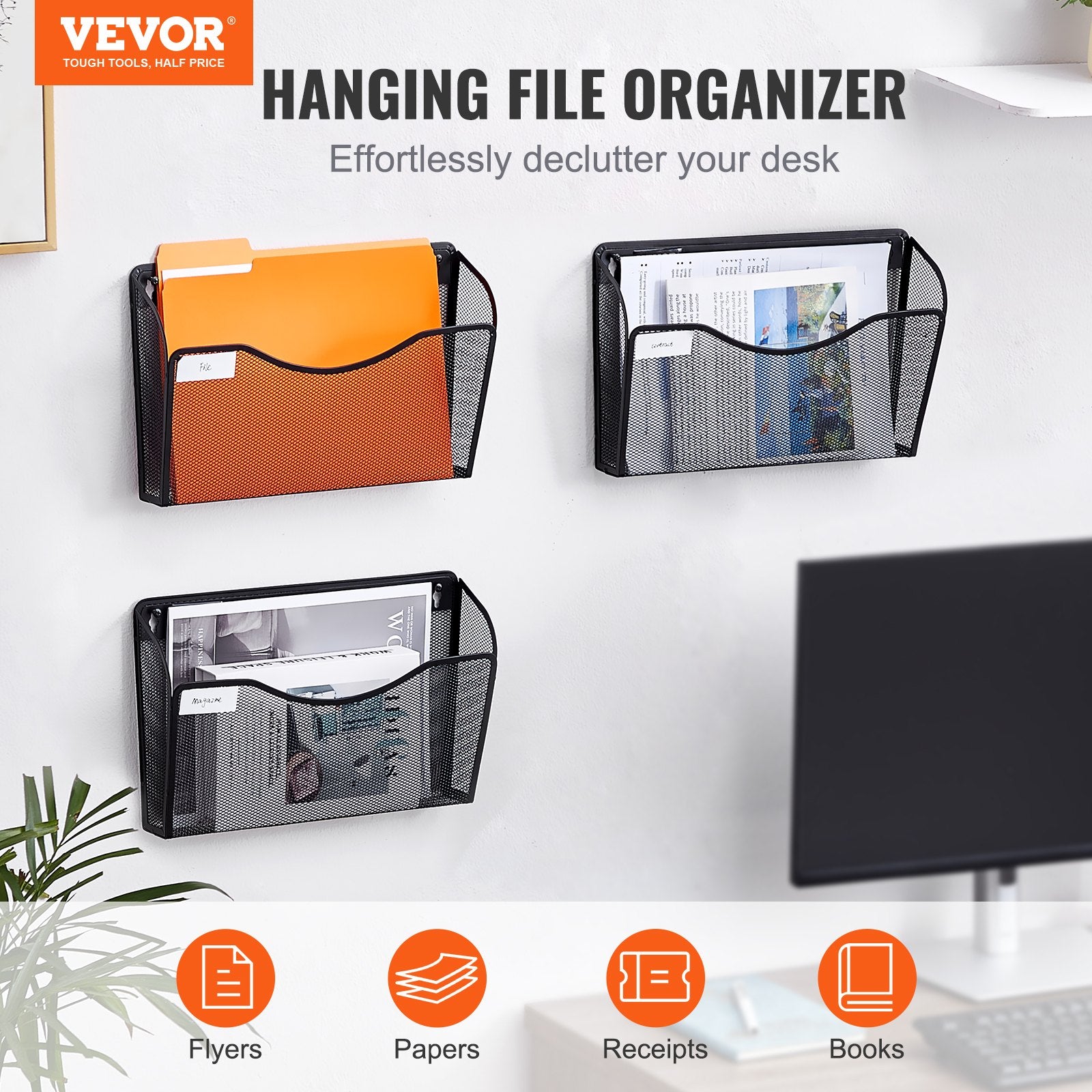 Hanging Wall Files Organizer, 3 Pack Single Pocket Mesh Wall File Holder, Metal Wall Folder Organizer With Nametag Label, For Office Home & School