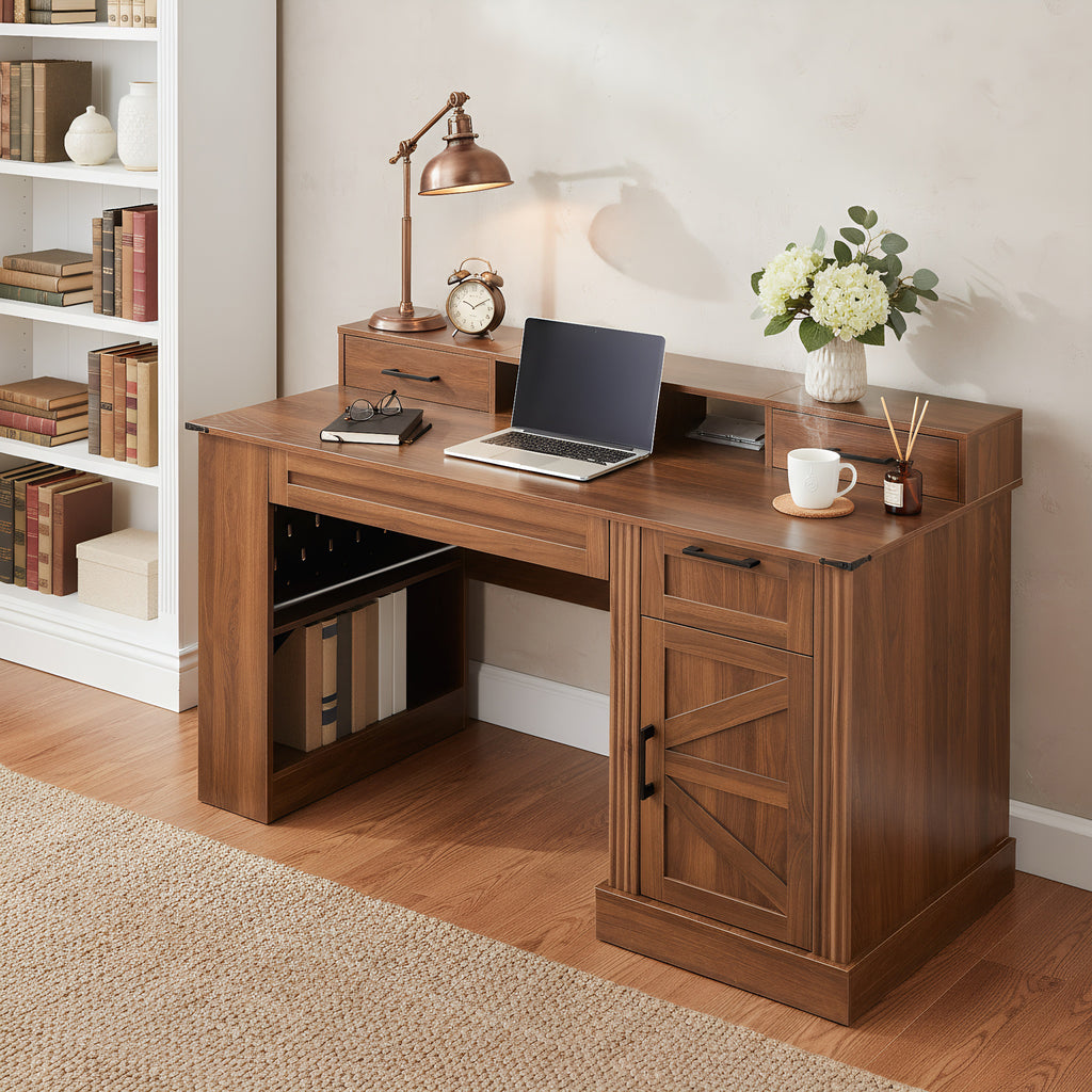 55 Farmhouse Office Desk With Storage Cabinet  Charging Station, Barn Door Design Computer Writing Desk With Keyboard Tray, Monitor Stand & Pegboard, Dark Walnut