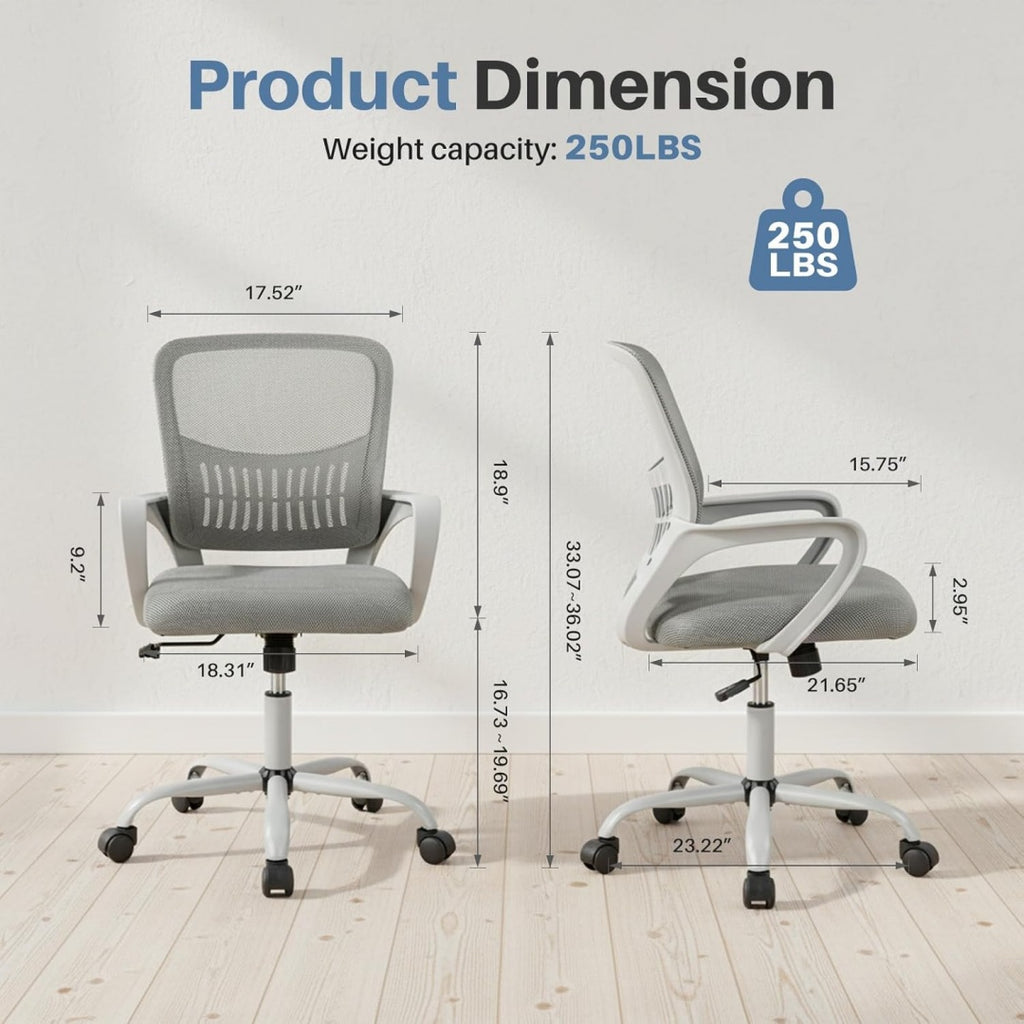 Home Office Computer Chair - Ergonomic Mid Back Desk With Lumbar Support And Rocking Mode, Height Adjustable With Fixed Armrest