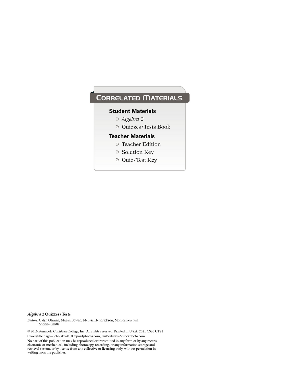 Abeka Algebra 2 Quiz/Test Key | 10th Grade | Used Like New