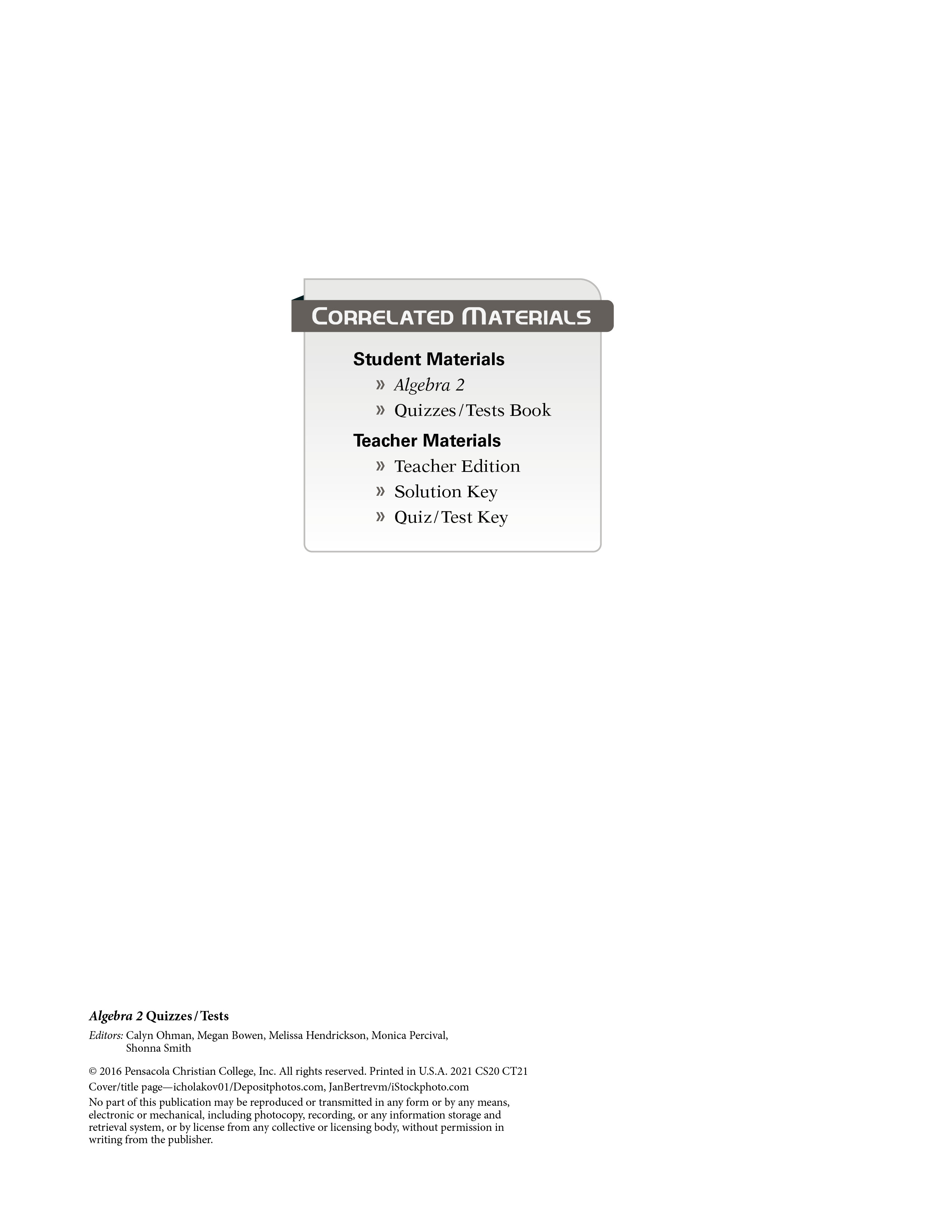 Abeka Algebra 2 Quiz/Test Key | 10th Grade | Used Like New