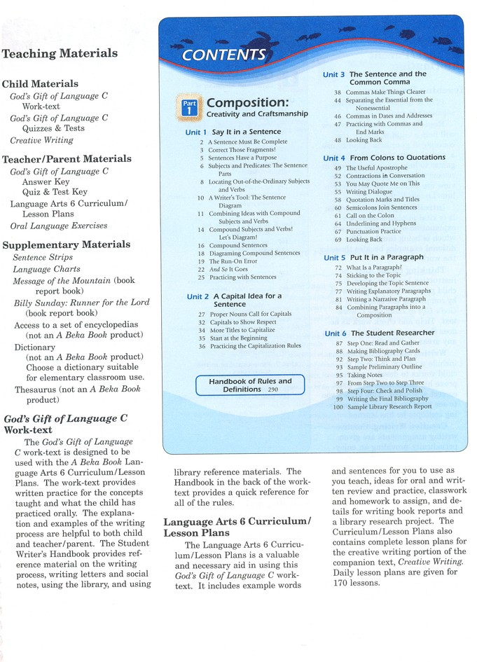 Abeka God's Gift of Language C Writing & Grammar Work-text Answer Key Grade 6, Third Edition | Used Good Condition