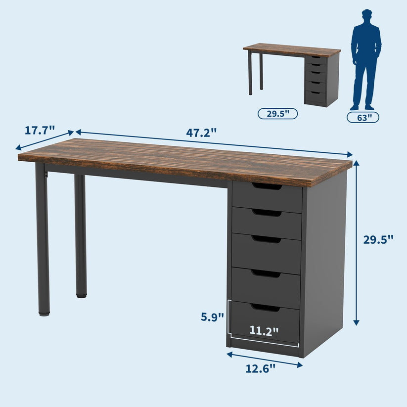 Computer Desk with 5 Drawers, 47 " Brown + Black