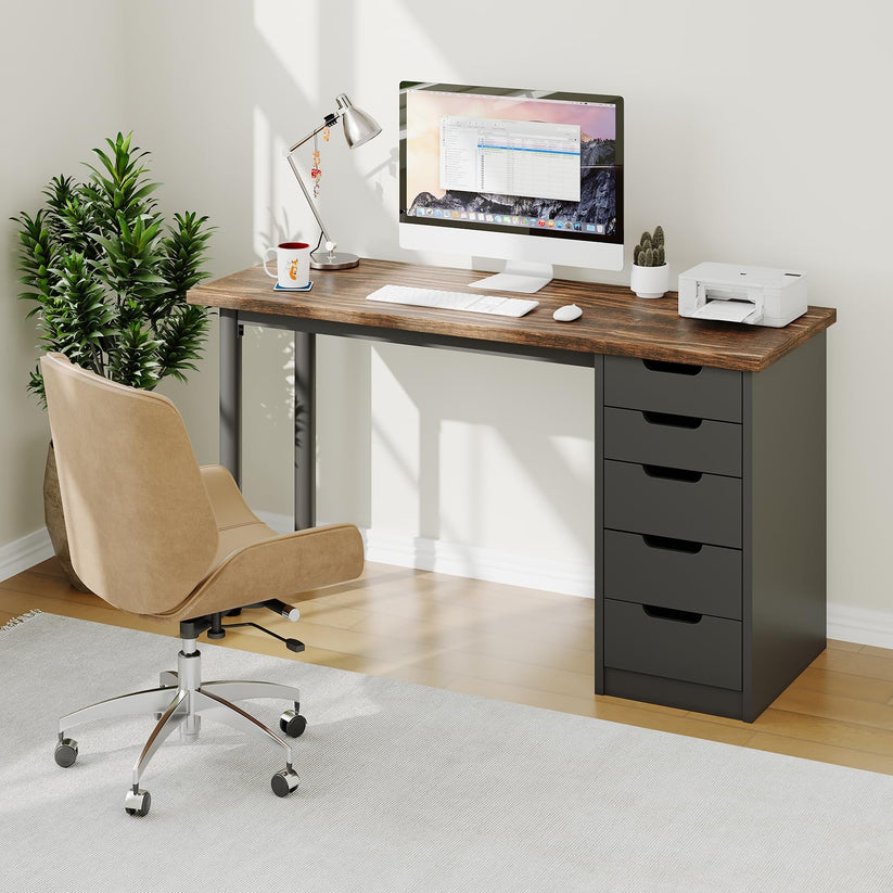 Computer Desk with 5 Drawers, 47 " Brown + Black