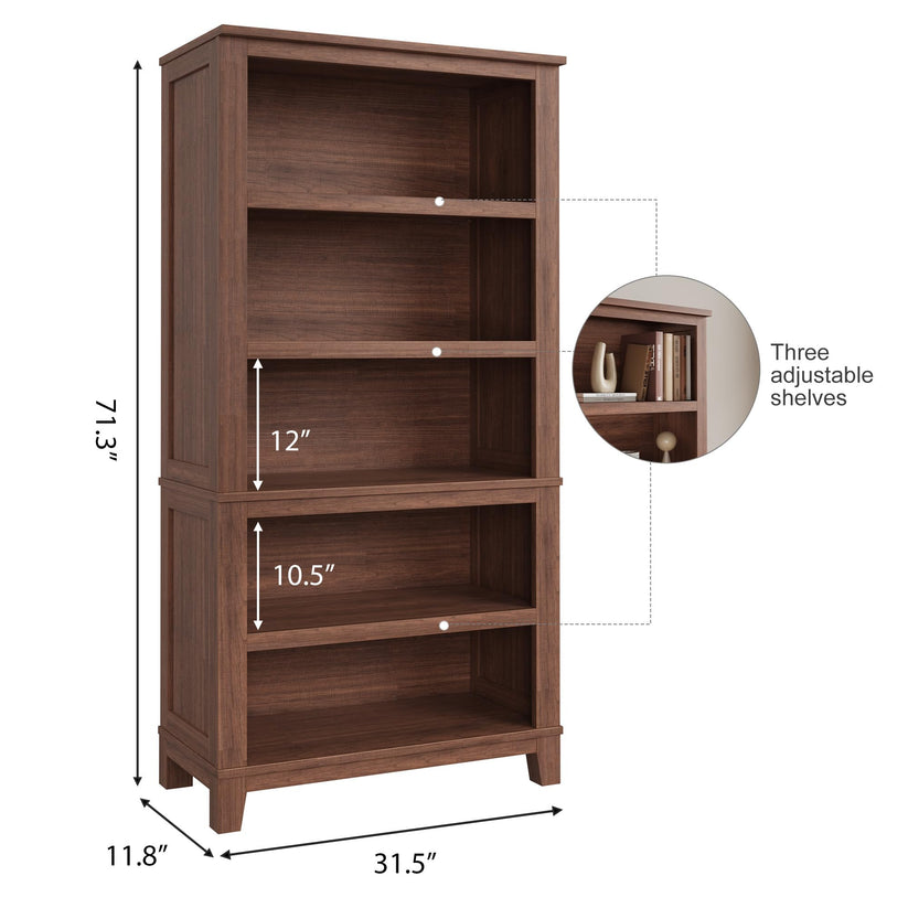 71" Tall 5-Tier Wooden Bookcase Brown