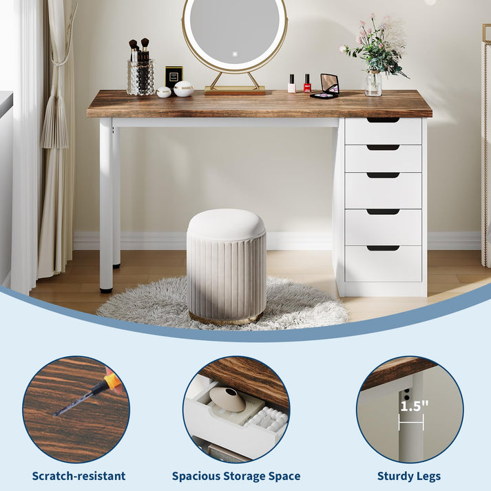 Computer Desk with 5 Drawers, 47 " Brown+White