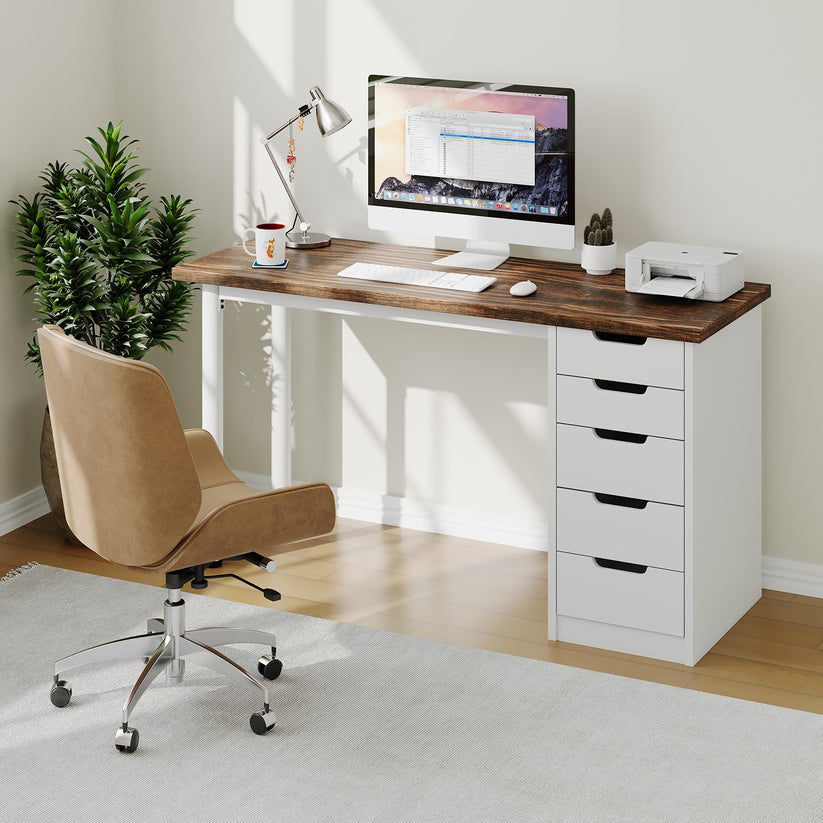 Computer Desk with 5 Drawers, 47 " Brown+White