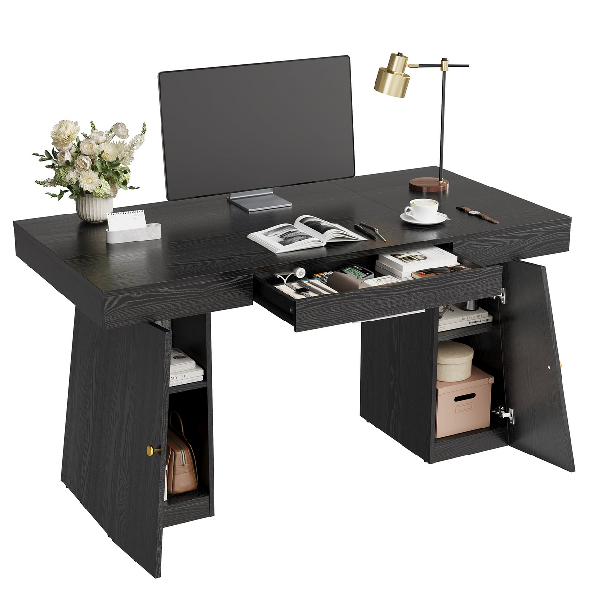 55-Inch Student Computer & Study Desk with Drawers and Cabinets – Large Homeschool Writing & Learning Desk | Black