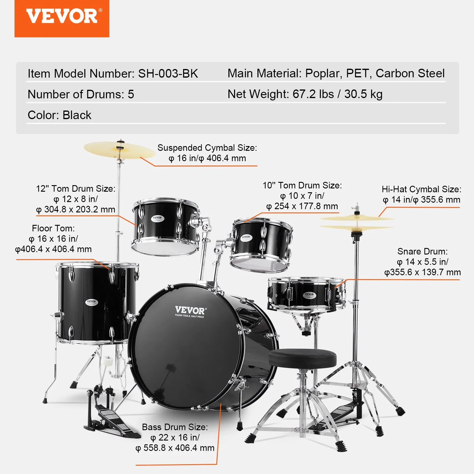 Drum Set, 5-Piece, 22 inches